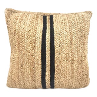 Handwoven Jute Pillow Cover With Beautiful Black Contrast Stripe Detail 20x20 - Handcrafted in India For Sale
