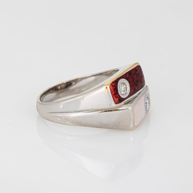 Modern 80s Portuguese Enamel Cube Ring 19k White Gold Double Band Sz 6 Fine Jewelry For Sale - Image 3 of 7