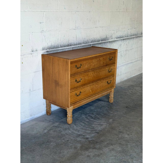 Mid-Century Modern Oak 3 Drawer Dresser Chest With Brass Pulls Mid-Century Modern 1960s For Sale - Image 3 of 11