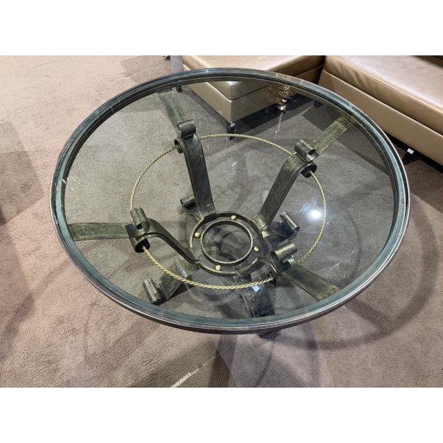 Scrolled Iron Base Glass Top Table For Sale - Image 4 of 5