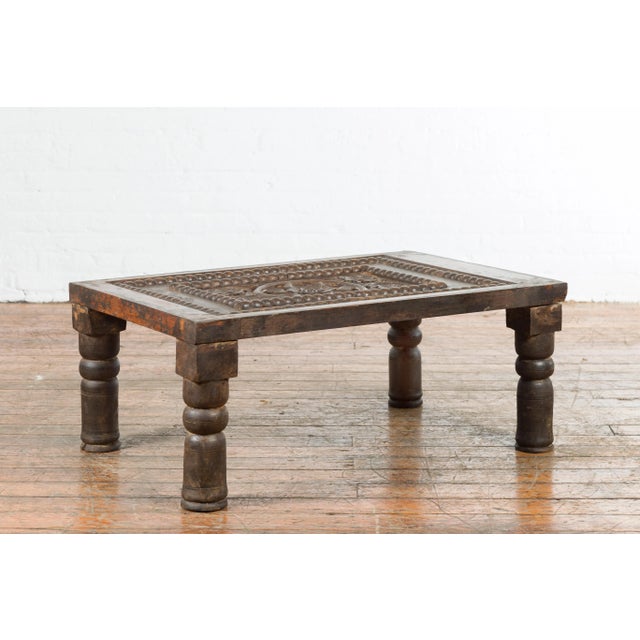 Chocolate Indian 19th Century Small Wooden Coffee Table with Carved Floral Motifs For Sale - Image 8 of 13