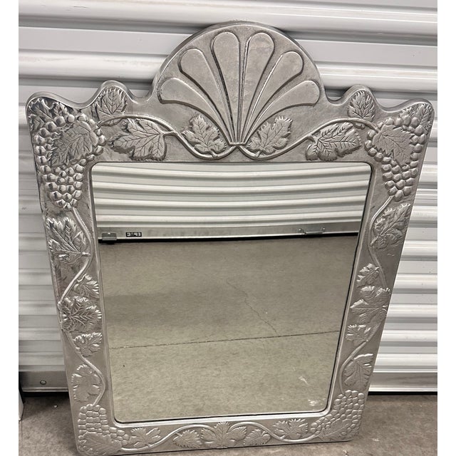 Shabby Chic 1960s Hand Forged Studio Heavy Pewter Silver Wall Mirror Frame With Grapes Vines For Sale - Image 3 of 6