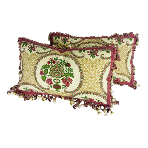 Vintage Brunschwig and Fils Cotton Floral Print Tasselled Lumbar Pillows/a Pair