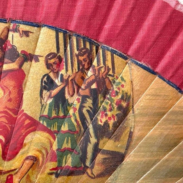 Antique Wooden Hand Painted Fan With Linen Transfer. Spanish Flamenco Dancers. Very Old For Sale - Image 12 of 12