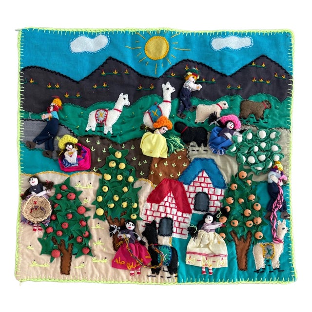 Peruvian Arpillera Wall Hanging -Embroidered Appliquéd Dimensional Farming Scene For Sale