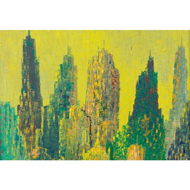 Textile Pointillism Skyscrapers Cityscape Oil on Canvas Painting by Le Boreux For Sale - Image 7 of 17