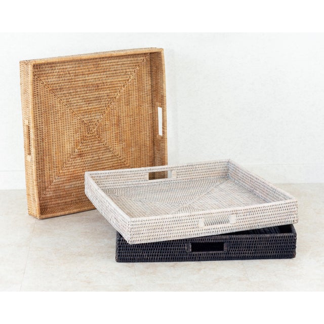 Boho Chic Artifacts Rattan Square Ottoman Tray with Cutout Handles in White Wash - 20" For Sale - Image 3 of 9
