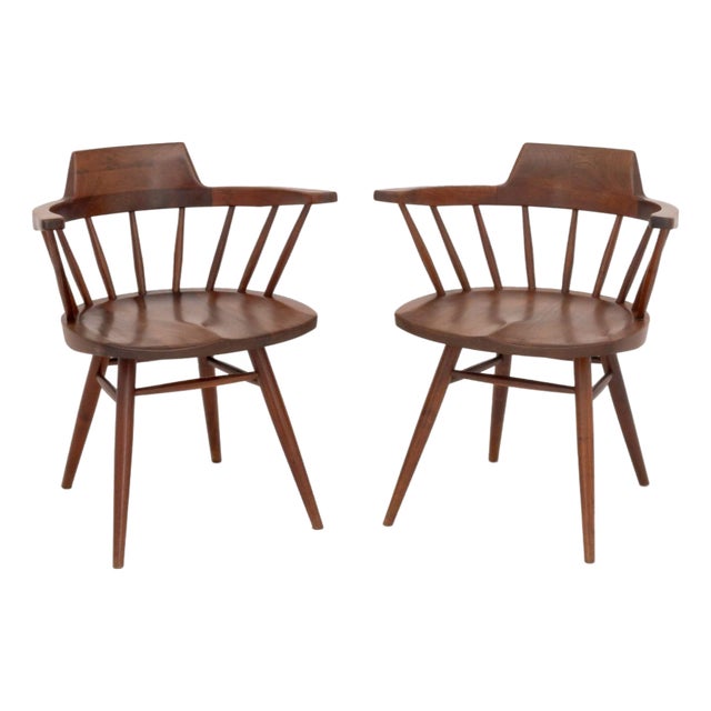 George Nakashima Walnut Captain's Armchairs, Pair For Sale