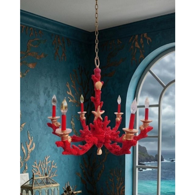 Custom Painted Bright Red Gold Faux Coral Coastal Regency 6 Light Coral Chandelier For Sale - Image 11 of 11