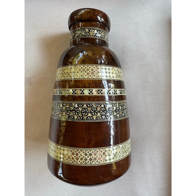 Antique Handcrafted Mother-of-Pearl Inlaid Heavy Wood Vase. 12 in/30.5 Cm For Sale - Image 4 of 12