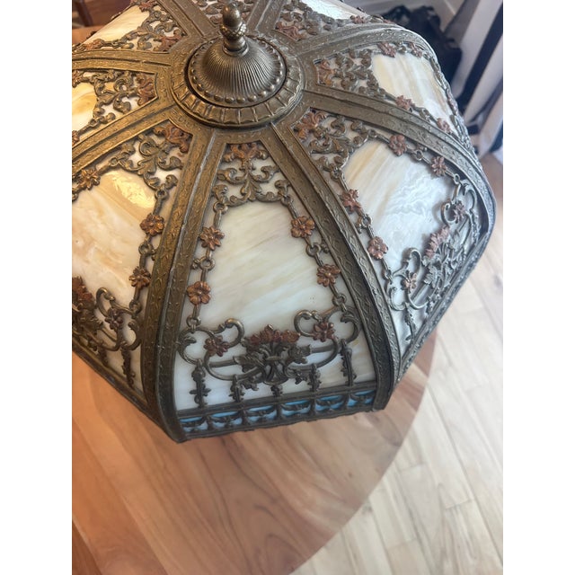 Bronze Antique n.w. Art Shade Co. Slag Glass Table Lamp For Sale - Image 8 of 17