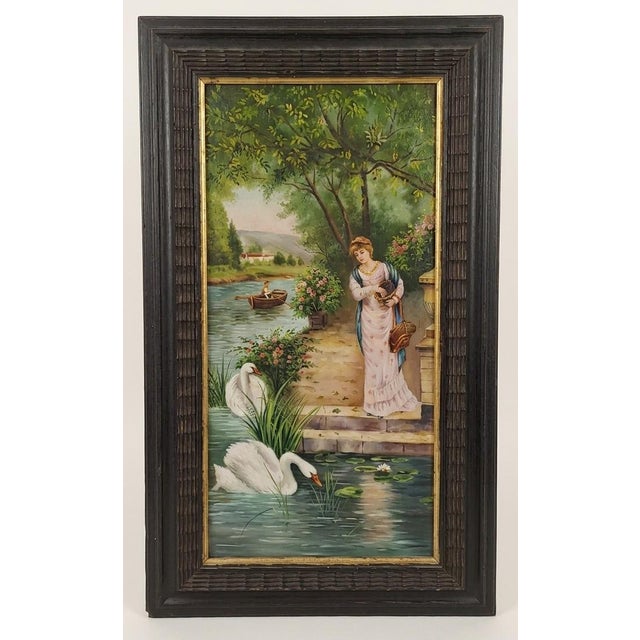 Romantic Scene with Lady and Swans on the River, Early 20th Century, Oil Painting on Canvas, Framed For Sale - Image 11 of 11