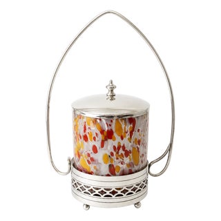 Art Deco Mottled Spatter Glass and Silver-Plated Covered Jar, Belgium, 1930s For Sale