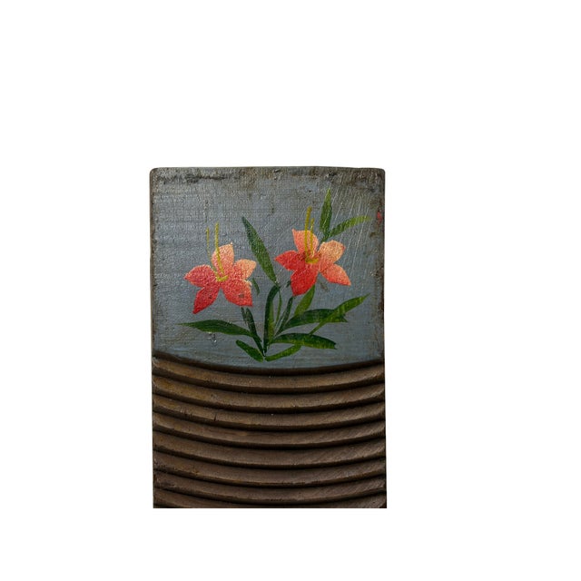 1950s Vintage Restored Gray Blue Flower Graphic Washing Board Wood Panel Art For Sale - Image 5 of 5