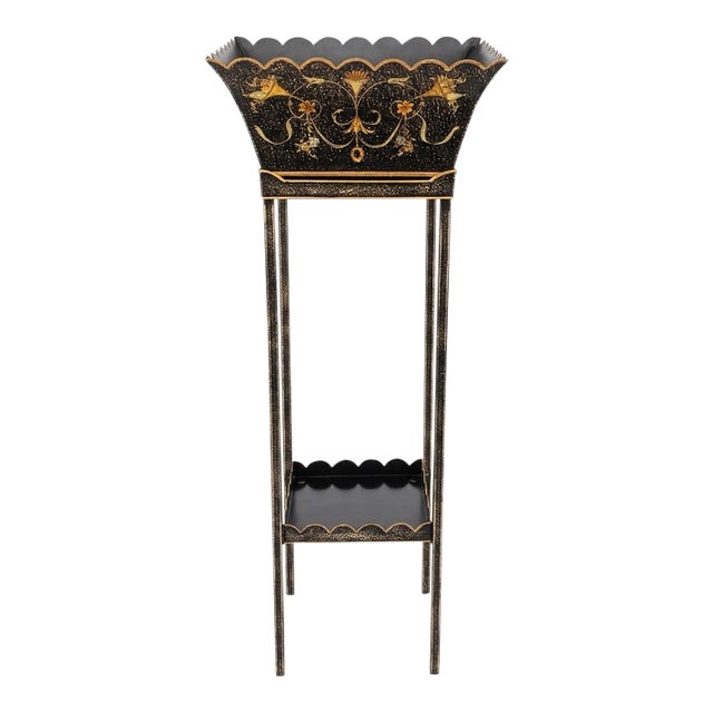 Large Tole Cachepot Planter on Tall Stand For Sale
