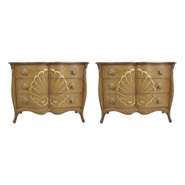 1970s French Hollywood Regency Style Walnut W/ Gilt Shell Chests - Pair For Sale