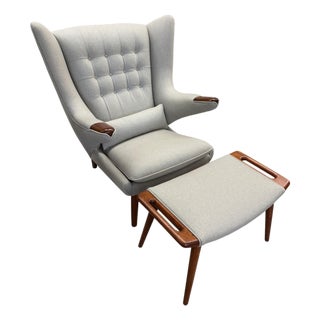 Early 20th Century Hans Wegner Papa Bear Chair and Ottoman by AP Stolen Reupholstered For Sale