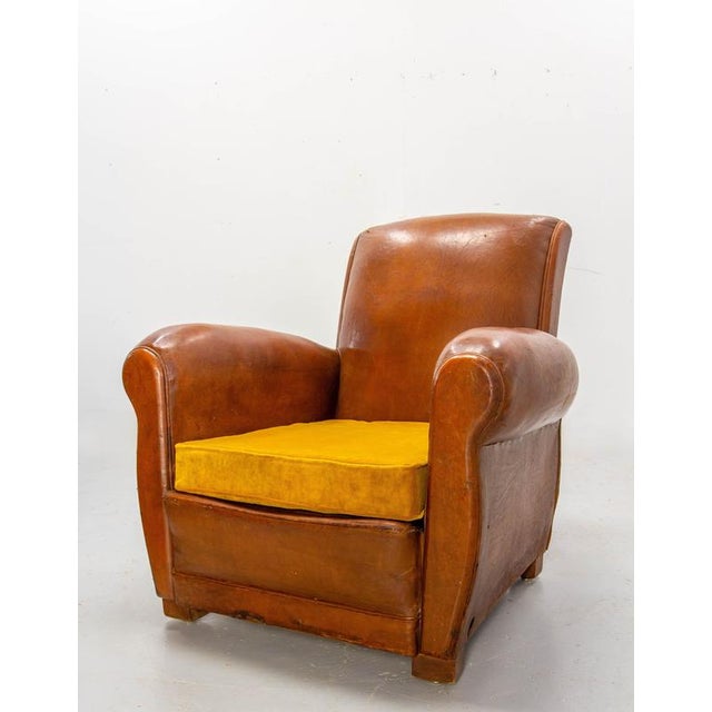 Textile Antique French Club Armchair Fauteuil Cognac Leather and Fabric, 1930, Set of 2 For Sale - Image 7 of 16