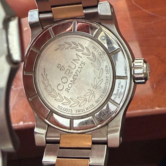 Metal Early 20th Century Corum Romulus 18k Rose Gold 2-Tone Champagne White Dial 42mm Watch Full Set For Sale - Image 7 of 12
