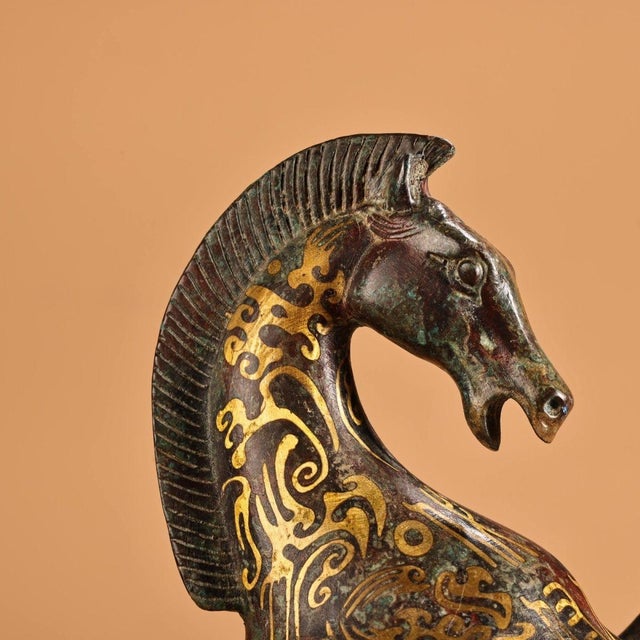 Pair of Vintage Bronze Galloping Horses – Gold Inlaid Figures on Stands For Sale - Image 10 of 10