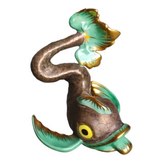 Late 20th Century Herend Koi Fish Teal and 24k Gold For Sale