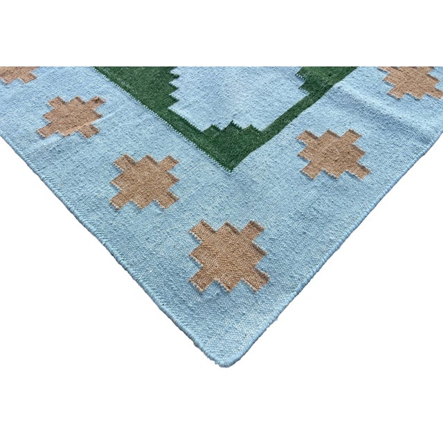 Mid-Century Modern Handmade New Zealand Wool Dhurrie, Sky Blue, Beige and Green Swedish Tile Rug- 78"x88" For Sale - Image 3 of 13