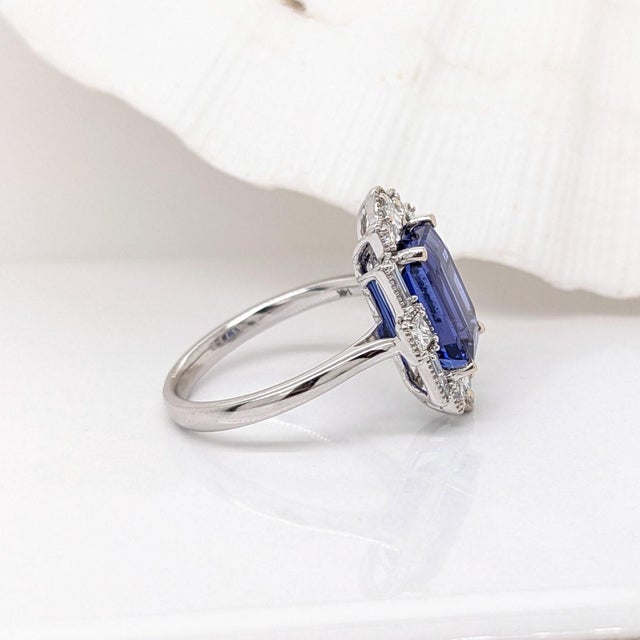 4.2ct Art Deco Tanzanite Ring With Earth Mined Diamonds Halo: Solid 14k Gold, Size 6.75 For Sale In Columbus - Image 6 of 7