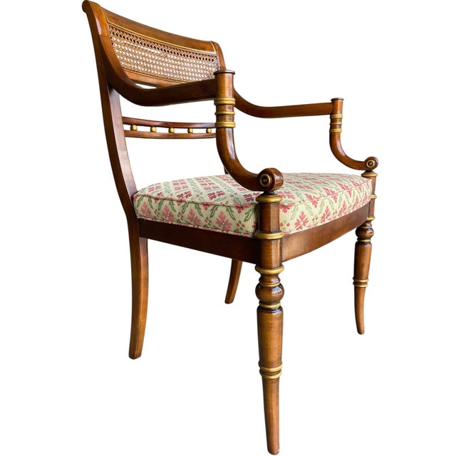 Brown Vintage Hickory Chair Neoclassical Cane Back Armchair With Gilt Accents & Floral Upholstery For Sale - Image 8 of 12