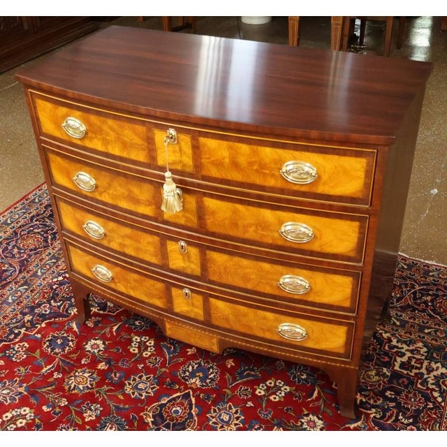 1990s Henkel Harris Mahogany & Flame Birch Inlaid Rogers Bowfront Dresser Chest For Sale In New York - Image 6 of 17
