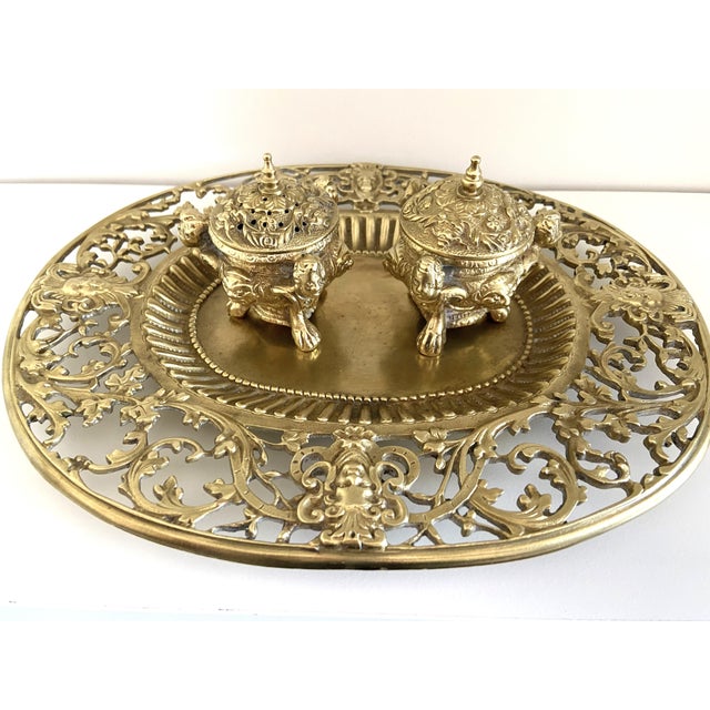 Louis XV Style Napoleon III Double Inkwell on a Chiseled Gilt Bronze Tray For Sale - Image 3 of 11