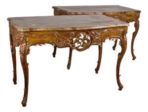 Flamboyant Pair of Painted and Gilded Consoles, Faux Marble Top, Haute Hollywood