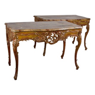 Pair of Painted and Gilded Consoles, Faux Marble Top, Haute Hollywood For Sale