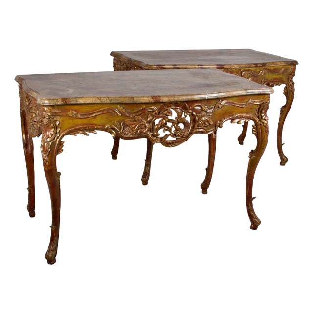 Pair of Painted and Gilded Consoles, Faux Marble Top, Haute Hollywood For Sale
