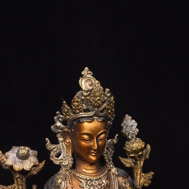 Metal Late 19th Century Gilt Bronze Green Tara Statue, Tibetan Buddhist Figure, 1kg For Sale - Image 7 of 9
