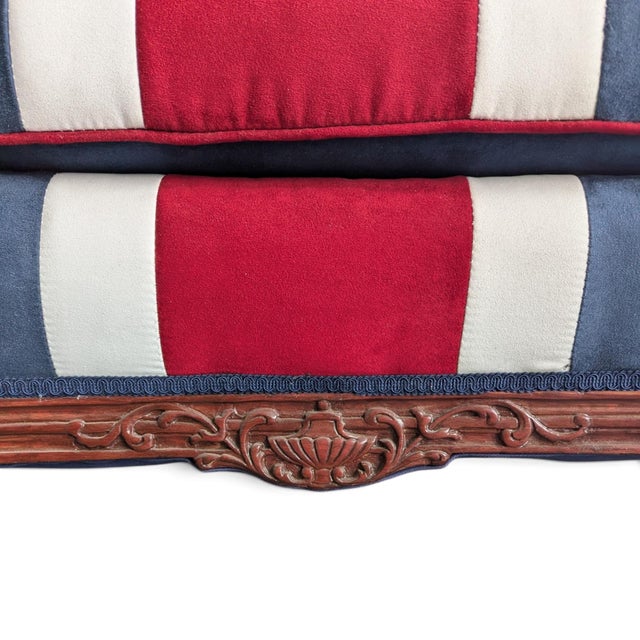 Blue Vintage Union Jack Upholstered Sofa With Ornate Carved Wood Frame For Sale - Image 8 of 18
