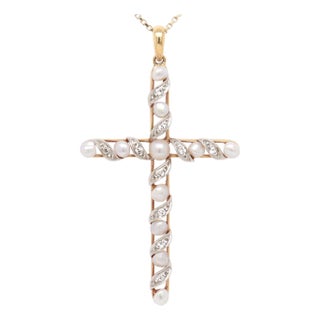 Antique Edwardian 14k Gold, Diamond, & Baroque Pearl Cross Necklace Pendant For Sale