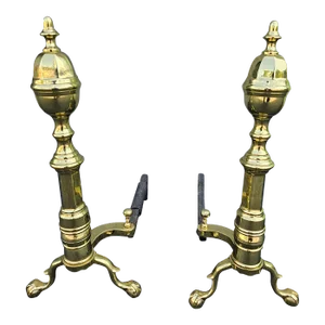 1980s Virginia Metalcrafters Polished Brass and Iron Andirons, Pair