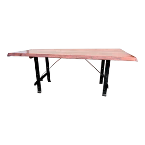 Mid 20th Century Live Edge Solid Thick Wood Top & Hammered Metal Base Dining Table