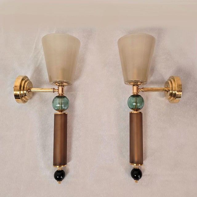 Mid-Century Modern 1990s Tobacco, Aqua Blue Murano Glass Sconces For Sale - Image 3 of 11