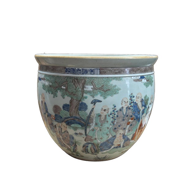 Asian Vintage Oriental 18 Arhats Graphic Porcelain Round Pot Planter For Sale - Image 3 of 10