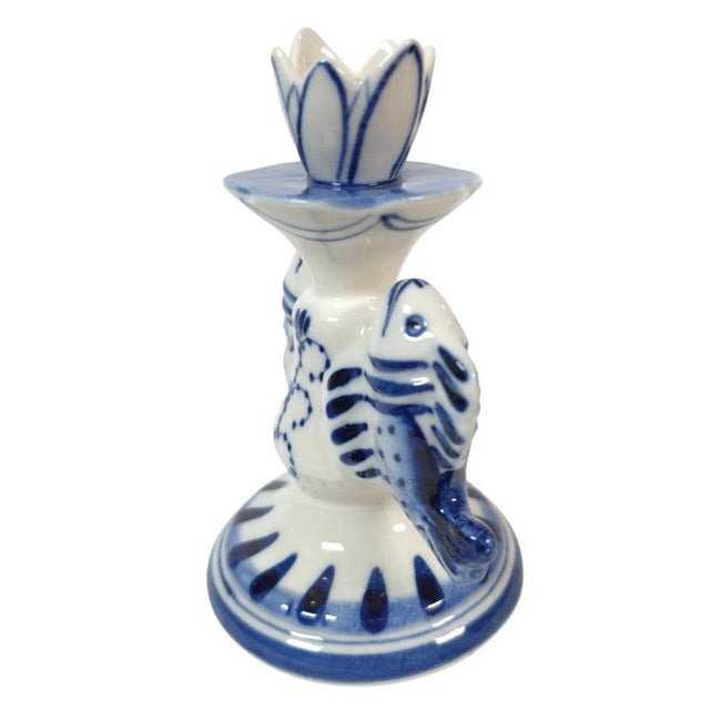 Vintage Russian Gzhel Blue and White Porcelain Double Fish Candlestick For Sale - Image 4 of 12