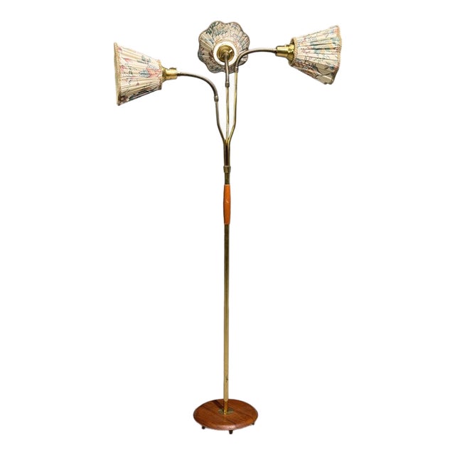 Swedish Modern, Adjustable Floor Lamp, Wood, Metal, Fabric, Sweden, 1950s For Sale