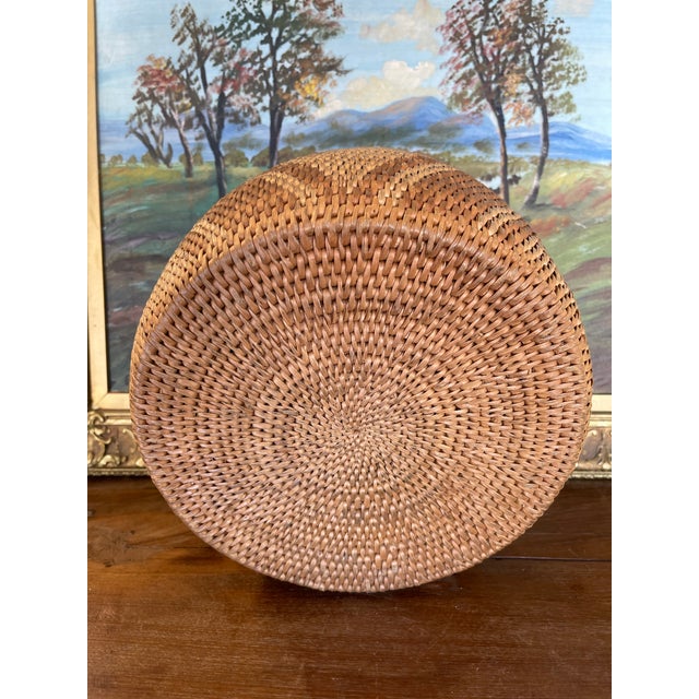 Vintage Handwoven Southeast Asian Rattan Lidded Basket With Saburst and Diamond Weave Pattern For Sale In Seattle - Image 6 of 8