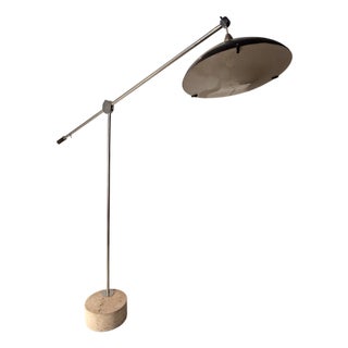 Large Floor Lamp in Chromed Metal with Black Acrylic Glass Lampshade and Travertine Base, 1960s For Sale
