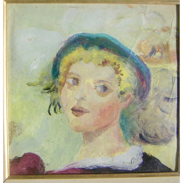 Unsigned, mid-century portrait of a saucy Italian signorina , oil on cardboard displayed in original frame. Size: 7 1/2 x...