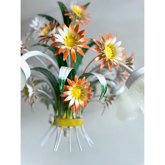 Vintage European Floral Tole Chandelier with Frosted Glass Tulip Shades, 1970s For Sale - Image 6 of 13