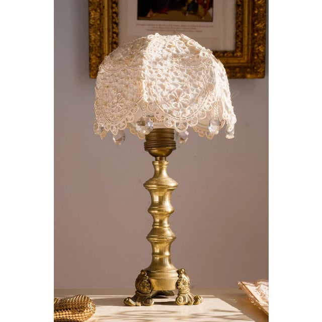 Vintage Brass Base Table Lamp with Hand Sewn Organza Friezes and Pearls Lampshade For Sale - Image 6 of 6