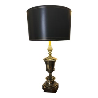 Curated Pair of Monumental Vintage Stiffel Neoclassical Brass Table Lamps With Custom Black Shades For Sale