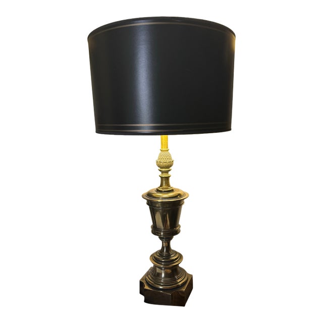 Curated Pair of Monumental Vintage Stiffel Neoclassical Brass Table Lamps With Custom Black Shades For Sale