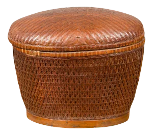 Vintage Chinese Oval Woven Rattan Basket with Lid and Geometric Motifs
